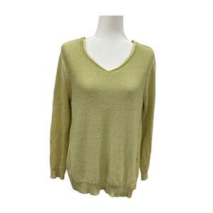 Chico's Lime Green Metallic V-Neck Sweater Women's Knit Top Size 3 Large Holiday